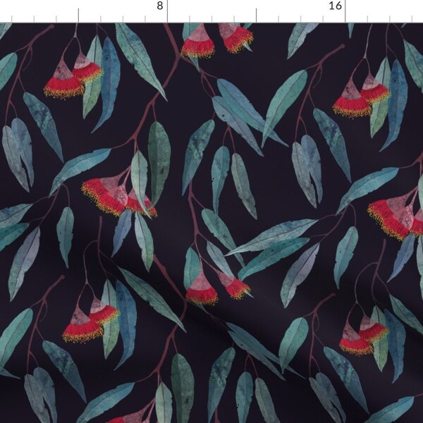 Eucalyptus Fabric - Eucalyptus Leaves And Flowers On Dark By Lavish Season - Eucalyptus Black Cotton Fabric By The Yard With Spoonflower