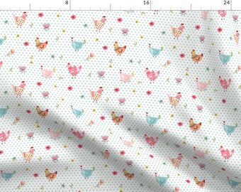 May include: A seamless pattern featuring watercolor illustrations of chickens and flowers on a light blue background with white polka dots.