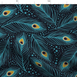 Peacock Feathers Fabric - Feather Fantasy By Vicki Larner - Dark Blue Peacock Bird Feathers Cotton Fabric By The Yard With Spoonflower