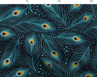 Peacock Feathers Fabric - Feather Fantasy By Vicki Larner - Dark Blue Peacock Bird Feathers Cotton Fabric By The Yard With Spoonflower