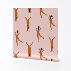 Woman Wallpaper - Naked Party By Tasiania - Woman Naked Pink Brown Custom Printed Removable Self Adhesive Wallpaper Roll by Spoonflower