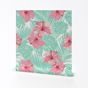 Hibiscus Wallpaper - Hibiscus Tropical Flowers On Teal By Khaus - Pink Custom Printed Removable Self Adhesive Wallpaper Roll by Spoonflower