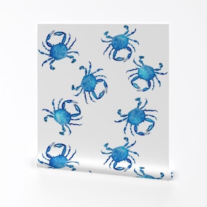 Crab Wallpaper - Blue Crabs By Wrensroost - Crabs Blue White Nautical Custom Printed Removable Self Adhesive Wallpaper Roll by Spoonflower