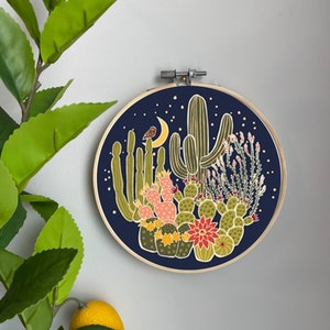 Cactus Embroidery Template on Cotton - Midnight Bloom By Ramarama - Desert Blue Embroidery Pattern for 6" Hoop Custom Printed by Spoonflower