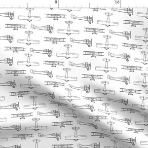 Vintage Linear Aeroplanes Fabric - Antique Airplanes By Cloudycapevintage - Line Drawing Flight Cotton Fabric By The Yard With Spoonflower