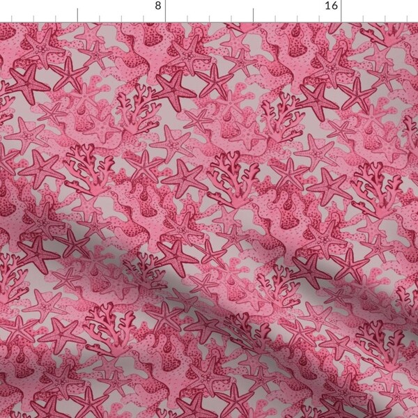 Pink Coral + Starfish Fabric - Watercolor Pink Coral Starfish Beach Ocean By Magentarosedesigns - Cotton Fabric By The Yard With Spoonflower