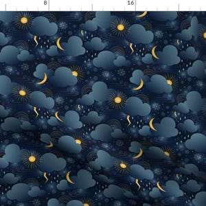 Weather Fabric - Deep Blue Sky By Artypeaches - Dark Blue Night Sky Stars Moon Clouds Nursery Cotton Fabric By The Yard With Spoonflower