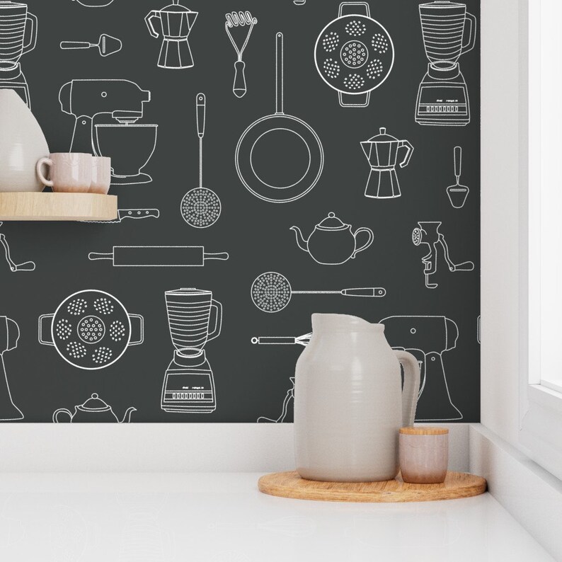Kitchen Wallpaper Kitchen Tools White On Dark Gray By Johannak Gray Gadgets Food Removable Self Adhesive Wallpaper Roll by Spoonflower image 7