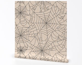 Halloween Wallpaper - Spiderwebs Black On Bone by sugarpinedesign - Spooky Cobwebs Gothic Removable Peel and Stick Wallpaper by Spoonflower