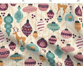 May include: A seamless pattern featuring a variety of colorful ornaments, including red, pink, green, and gold. The ornaments are decorated with geometric patterns and are hanging from branches. A deer is also featured in the pattern.