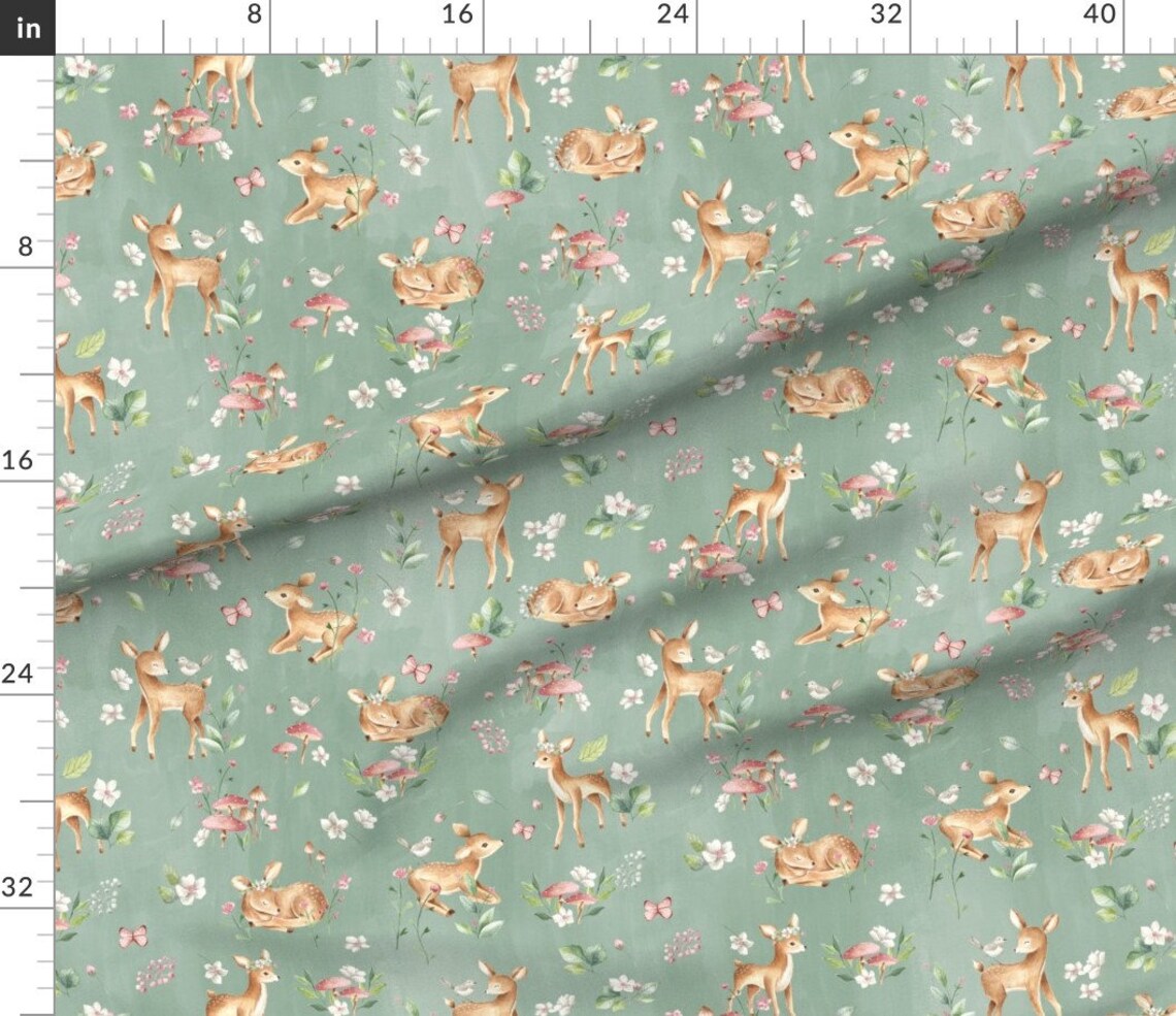Baby Deer Fabric Large Baby Deer With Flowers Green / Etsy