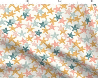 Nautical Fabric - Starfish By Littlearrowdesign - Summer Beach Peach Blue Pink White Nautical Cotton Fabric By The Yard With Spoonflower
