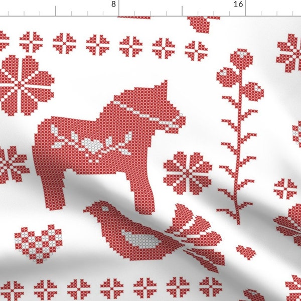 Scandi Folk Fabric - Scandinavian Cross Stitch By Dessineo - White Red Dala Horse Swedish Holiday Cotton Fabric By The Yard With Spoonflower