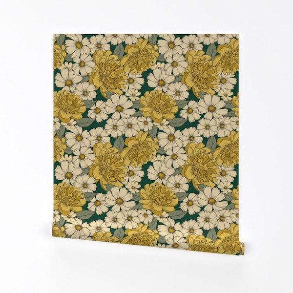 Senf Florale Tapete - Pfingstrosen Von Brasilianischem Leben - Gelbe Salbei Jumbo Blumen Entfernbare selbstklebende Tapetenrolle von Spoonflower