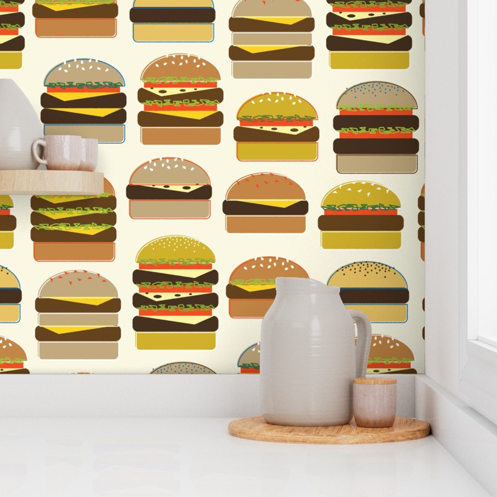 Hamburger Wallpaper Hamburgers on Cream by Katerhees Retro - Etsy