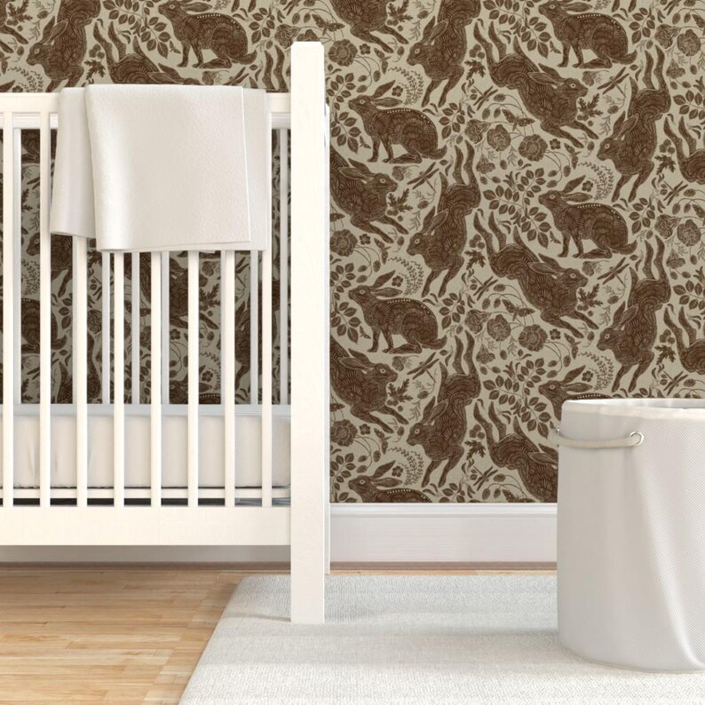 Buy Neutral Woodland Wallpaper Rabbit in Brown by Silver_steer_design