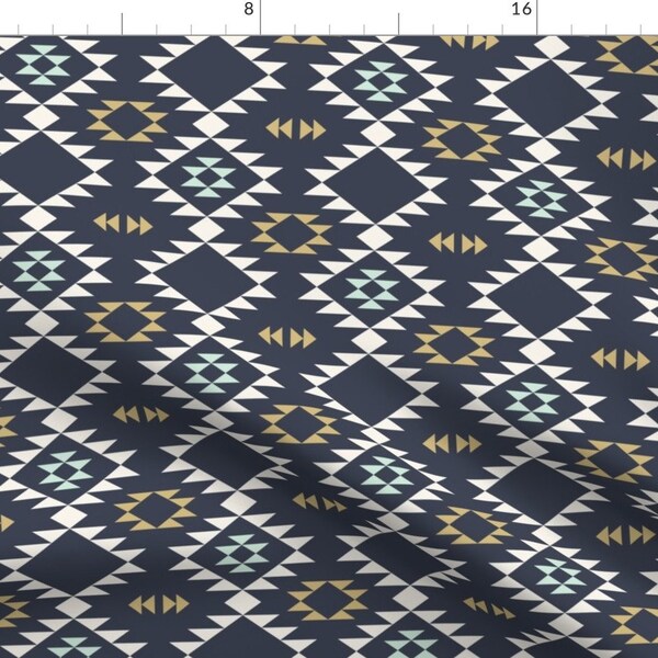 Bohemian Tribal Fabric - Dark Blue Mint Gold By Kimsa - Southwestern Tribal Cotton Fabric By The Yard With Spoonflower