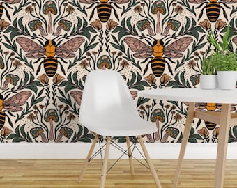 Bee Damask Peel and Stick Wallpaper - Woodland Mushrooms Bees Fungi Pollinate  - Removable Wall Decor Art - Bees And Mushrooms by famenxt