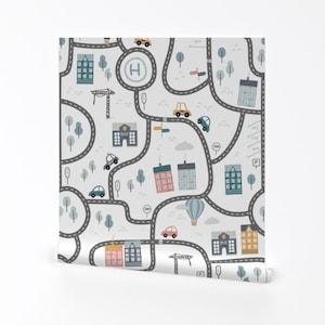 Map Wallpaper - City Roads - Skandinavische Krabbeldecke von Ewa Brzozowska - Individuell bedruckte, abnehmbare, selbstklebende Tapetenrolle von Spoonflower