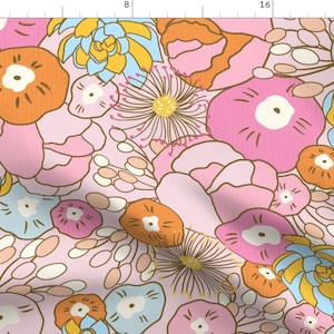 Flowers Fabric - 1970s Floral By Vivdesign - Vintage Retro Mod Trending Pink Home Decor Flowers Cotton Fabric By The Yard With Spoonflower