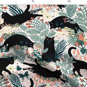 Black Cat Floral Garden Fabric - Black Cat In The Butterfly Garden By Boszorka - Cat Flowers Cotton Fabric By The Yard With Spoonflower