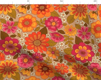 Orange Floral Vintage Retro Fabric by the Yard Fabric for