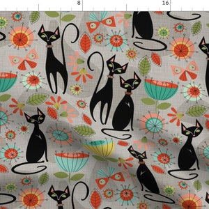 MCM Fabric - Mid Century Cats By Cjldesigns - Retro Vintage Cat Floral Flowers Kitten Home Decor Cotton Fabric By The Yard With Spoonflower