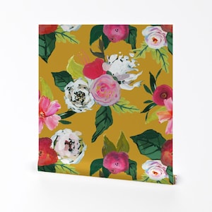 Floral Wallpaper - Painted Rose Garden Mustard By Theartwerks - Boho Custom Printed Removable Self Adhesive Wallpaper Roll by Spoonflower