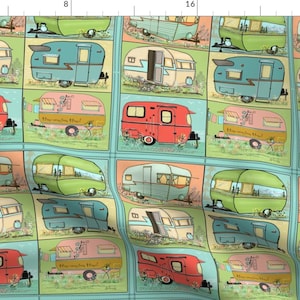 Camping Fabric - Quilting Panel Camping With Camper Squares By Salzanos - Camping Glamping RV Cotton Fabric By The Yard With Spoonflower