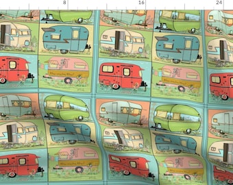 Camping Fabric - Quilting Panel Camping With Camper Squares By Salzanos - Camping Glamping RV Cotton Fabric By The Yard With Spoonflower