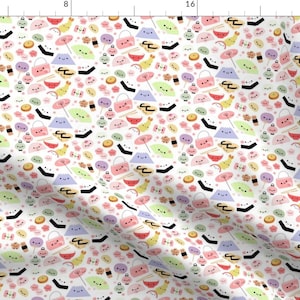 Japan Kawaii Fabric - Happy Japan Friends! By Clayvision - Japanese Kawaii Fan Sushi Pink Cotton Fabric By The Yard With Spoonflower