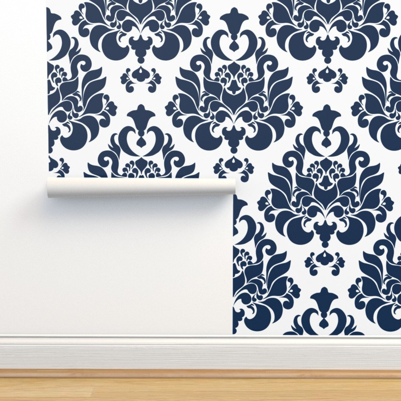 Navy Damask Wallpaper Damask Navy by Mintedtulip Victorian Etsy
