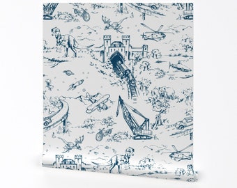 Dino Toile Wallpaper - Adventure Toile Indigo By Pattern State - Blue Custom Printed Removable Self Adhesive Wallpaper Roll by Spoonflower