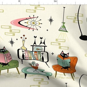 Cat Fabric - Cozy Cats’ Den By Studioxtine - Retro Beige Reading Books Trendy Library Literature Cotton Fabric By The Yard With Spoonflower
