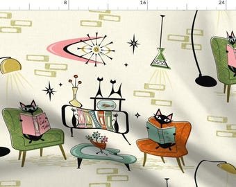 Cat Fabric - Cozy Cats’ Den By Studioxtine - Retro Beige Reading Books Trendy Library Literature Cotton Fabric By The Yard With Spoonflower