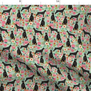 Doberman Fabric - Doberman Pinscher Mint Green Vintage Floral Dogs  By Petfriendly - Doberman Dog Cotton Fabric by the Yard with Spoonflower