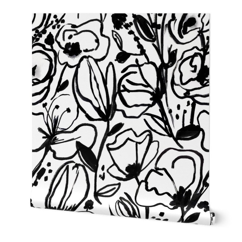 Floral Wallpaper Black White Floral Sketch by Alison Janssen Etsy