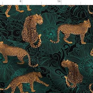 Jaguar Black Green Floral Fabric - Leopard Exotic Jungle Black By Honoluludesigns - Black Cotton Fabric By The Yard With Spoonflower