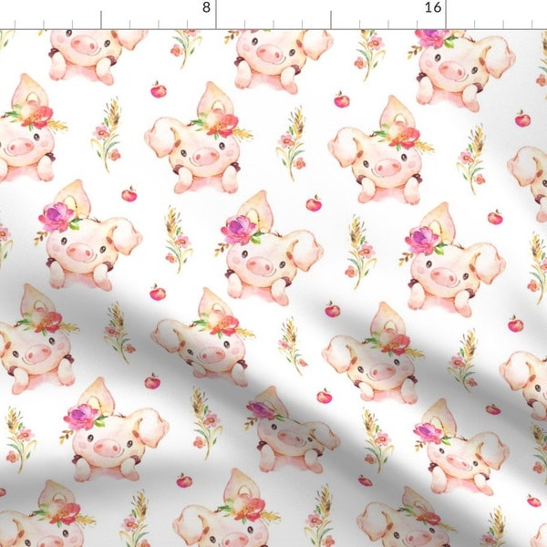 Pig Fabric - Miss Piglet Baby Girl Pig With Flowers Apples Larger Scale By Gingerlous- Girls Pink Cotton Fabric By The Yard With Spoonflower