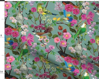 Birds Fabric - Birds And Blooms Chinoiserie {Duck Egg} By Ceciliamok - Bird Floral Pink Turquoise Cotton Fabric By The Yard With Spoonflower