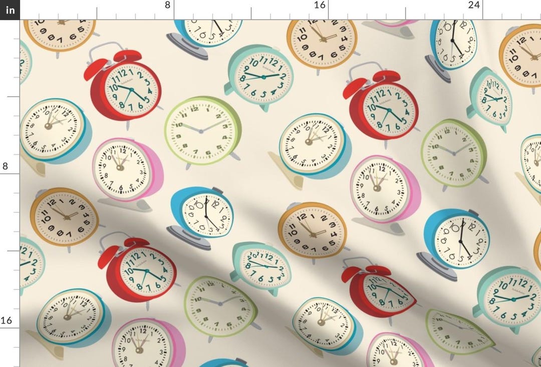 Vintage Time Fabric - Retro Clock Fabric Design Cream Background by ...
