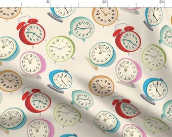 Vintage Time Fabric - Retro Clock Fabric Design Cream Background By Bella Modiste - Fun Cotton Fabric By The Yard With Spoonflower