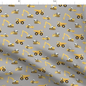 Construction Trucks Fabric - Construction Trucks - Yellow On Grey By Littlearrowdesign - Trucks Cotton Fabric By The Yard With Spoonflower