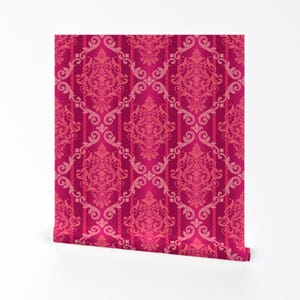 Vintage Inspired Removable Peel and Stick Wallpaper - Ornate Brocade - Wall Art Wall Decor - Pink Floral Damask by susie_b_designs