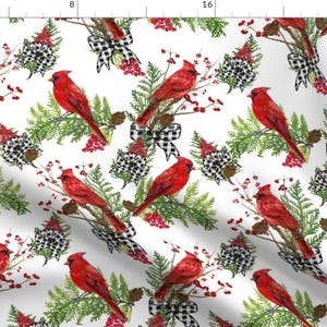 Botanical Birds Fabric - Winter Cardinals Farmhouse Bows By Karaskye - Christmas Holiday Red Cotton Fabric By The Yard With Spoonflower