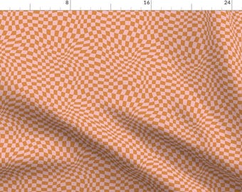 Retro Geometric Fabric - Twisted Checker by camilaprints - Checkerboard Pink Orange Squares Checkered Wavy Fabric by the Yard by Spoonflower