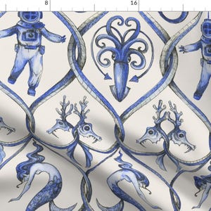 May include: Fabric featuring a repeating pattern of blue divers, squid, mermaids, and mythical creatures on a cream background. The design has a trellis-like structure with intertwined lines.