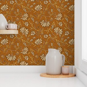 Floral Wallpaper - Kalami Floral Mustard By Holli Zollinger - Linen Look Custom Printed Removable Adhesive Wallpaper Roll by Spoonflower image 7