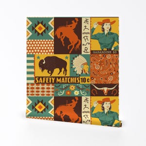 Retro Western Wallpaper - Rockin’ R Ranch By Ruby Ritz - Orange Yellow Teal Kid&#39;s Removable Self Adhesive Wallpaper Roll by Spoonflower