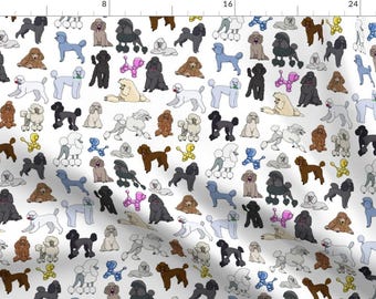 May include: A white background with a repeating pattern of black, brown, gray, and white poodles in various poses. Some poodles are wearing bows or collars. The poodles are all cartoon-style illustrations.